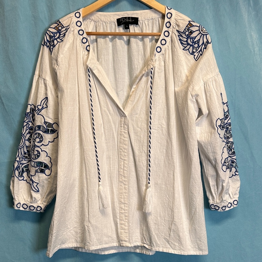 White Embroidered Peasant Blouse with Blue Accents